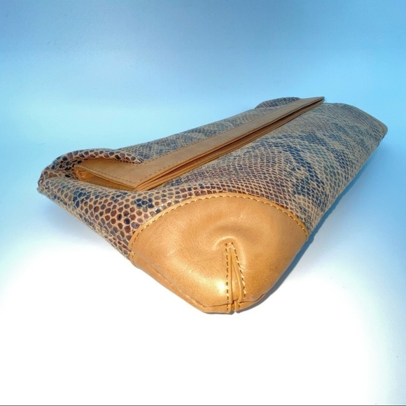 Leather Clutch Snake Skin Pattern Fold Over Large Brown/Tan - Picture 9 of 12